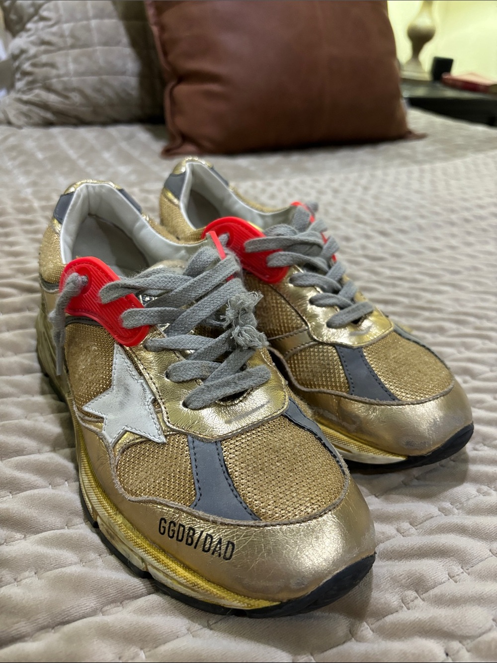 Golden Goose Metallic Gold Star Sneakers with Silver & Neon Red Accents